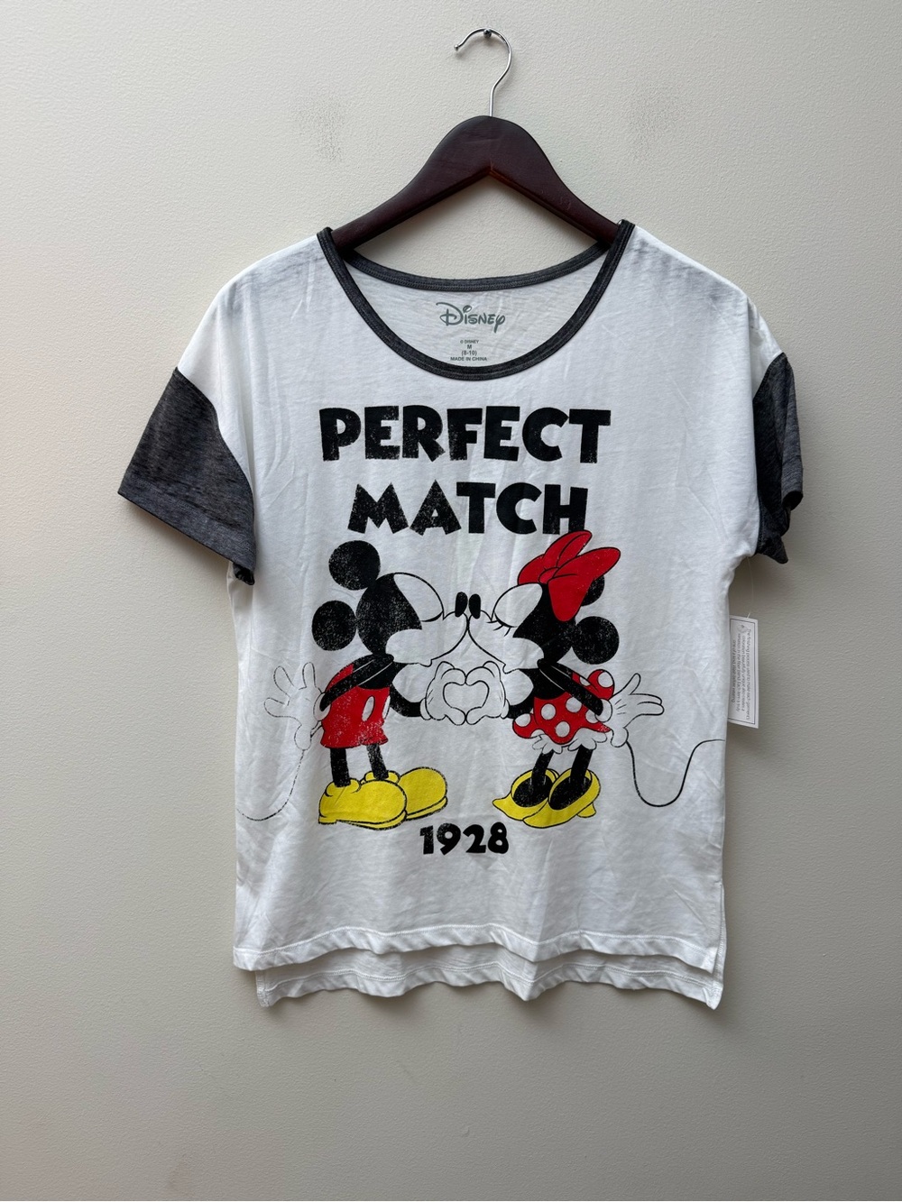 Disney White Tee with Gray Sleeves and Mickey & Minnie Graphic - Picture 1 of 5